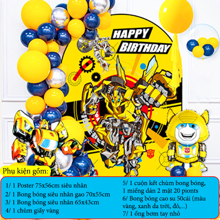 Bộ trang trí sinh nhật happy birthday siêu nhân biến hình - Sét bong bóng trang trí tiệc thôi nôi, đầy tháng cho trẻ
