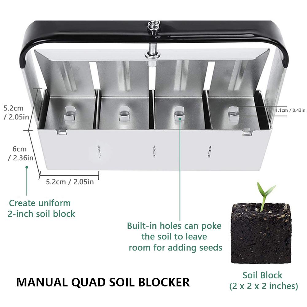 Manual Quad Soil Blocker 2 Inches Soil Block Maker Zinc Alloy Handheld Soil Blocking Tool for Seedlings Cuttings Garden