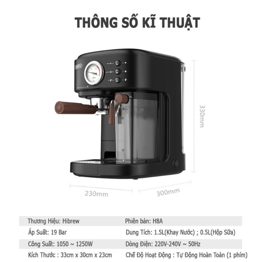 Máy pha cà phê Espresso chuyên nghiệp, thương hiệu Mỹ HiBREW cao cấp H8A, 1250W, 19 Bar - Bảo hành 12 Tháng, Hàng chính hãng