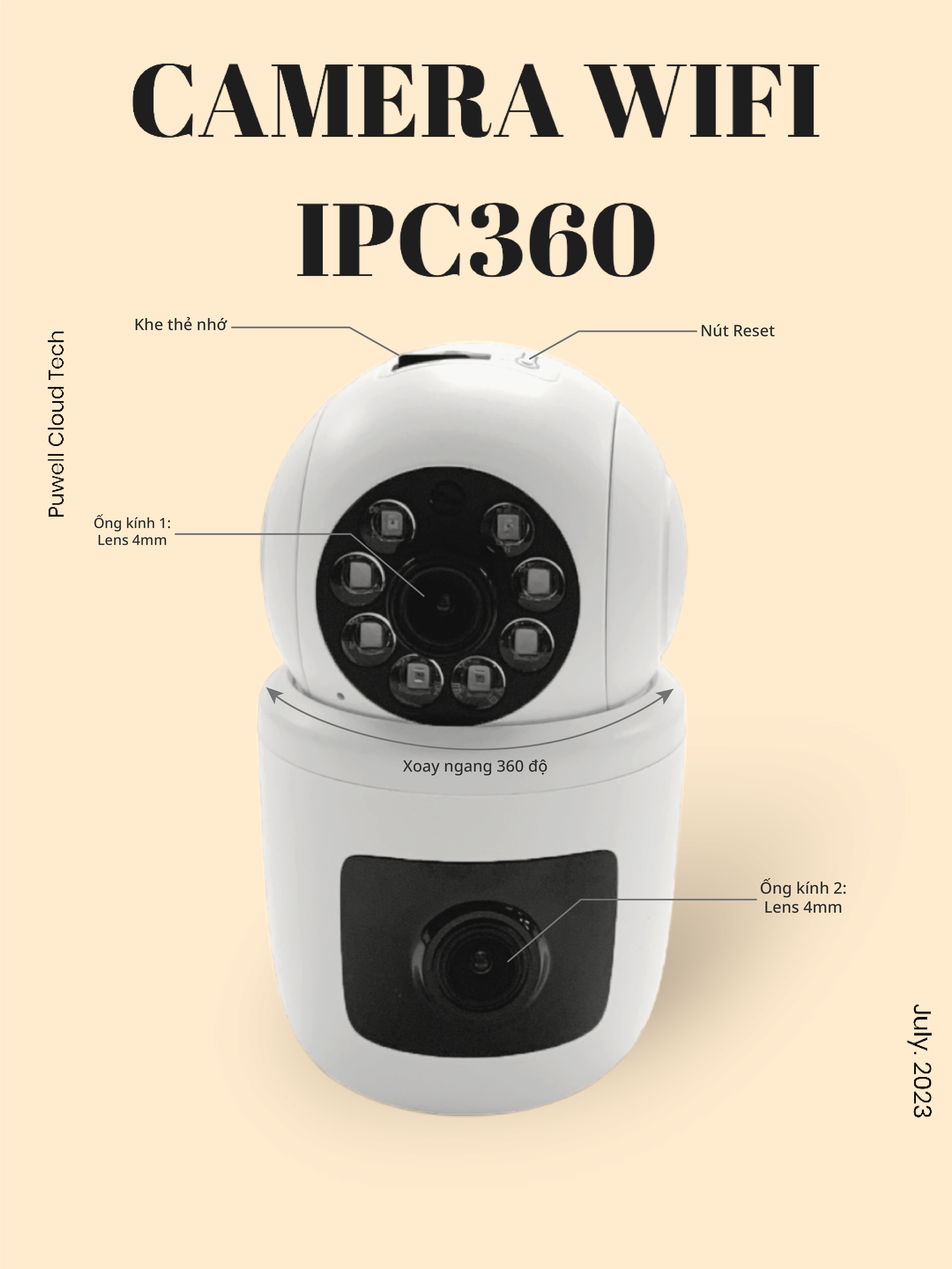 Camera Wifi IPC360 Bullet 2 ống kính, ống kính trên xoay ngang 360 độ, thu phóng 10 lần