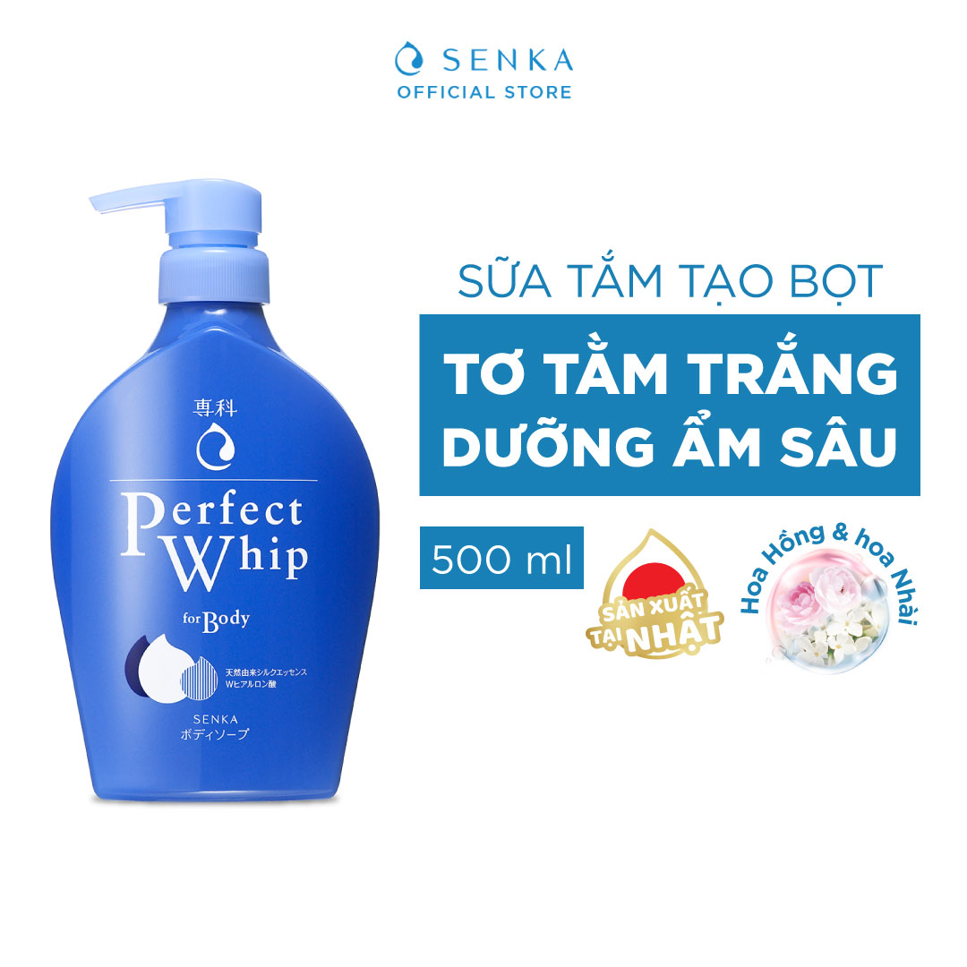 Combo Sữa tắm dưỡng ẩm Senka Perfect Whip 500ml và Sữa rửa mặt sạch ẩm mịn tự nhiên với bọt tơ tằm trắng Perfect Whip 120g