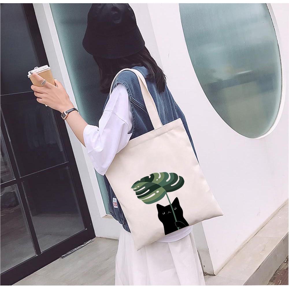 Túi Tote Vải Mộc Ginko kiểu basic có dây kéo khóa miệng túi đựng vừa laptop 14 inch và nhiều đồ dùng khác In Hình Cat With Leaf M09