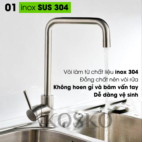 Vòi nước rửa chén KOSKO inox 304, vòi rửa chén bát tròn vuông nóng lạnh phù hợp với nhiều loại bồn rửa chén và chậu rửa bát chén khác nhau