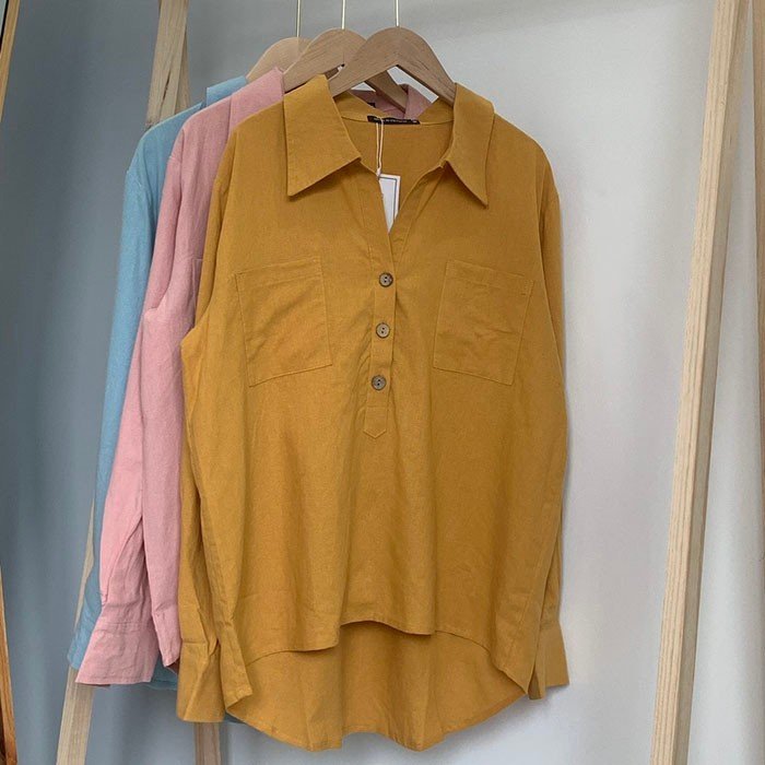 Áo sơ mi nữ dài tay form rộng trễ vai Linen thô Hàn cổ đức bổ trụ trẻ trung mềm mát