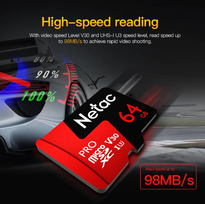 Thẻ nhớ microSDXC Netac Pro 64GB U3 4K V30 98MB/s - chuyên camera, máy quay và điện thoại (Hàng chính hãng)