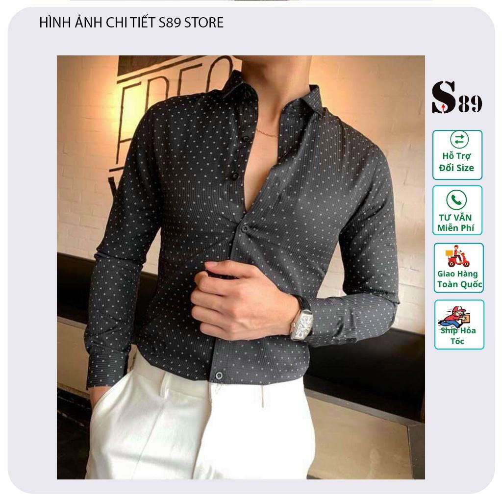 Áo sơ mi nam dài tay cổ cứng họa tiết chấm bi form dáng slim fit vải cotton dày dặn