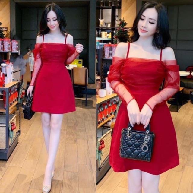Đầm xoè đỏ trễ vai lưới TKN