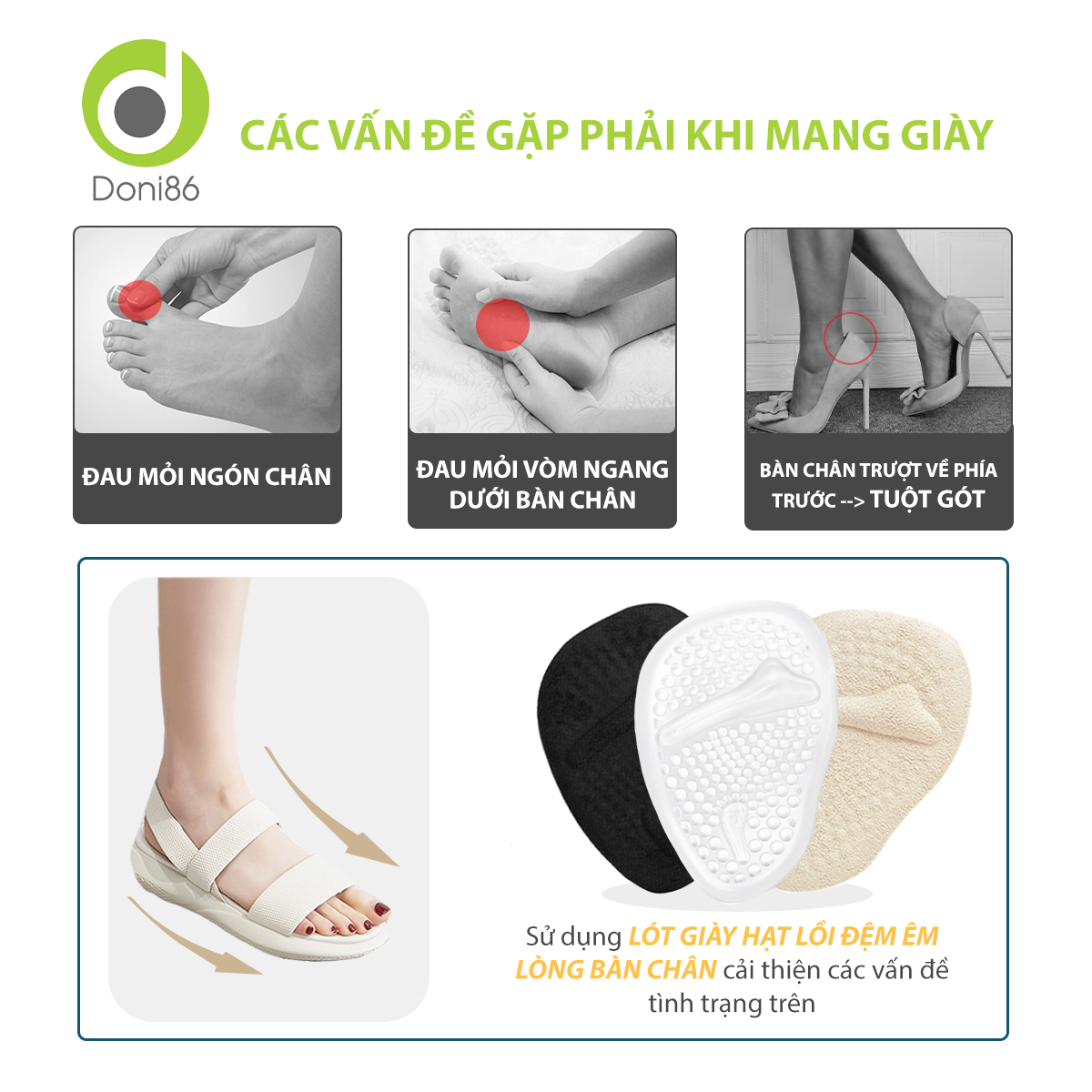 Lót giày nửa bàn chân trước chất liệu vải ép mút, silicone có kéo dán cố định chống trượt và êm chân - Doni - DOPK226