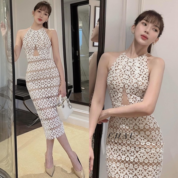 ĐẦM REN DÀI DÂY CỔ YẾM SUÔNG TRƠN ÔM BODY MIDI XẺ TÀ SAU SÁT NÁCH TRẮNG ĐI TIỆC DẠO PHỐ ĐI CHƠI