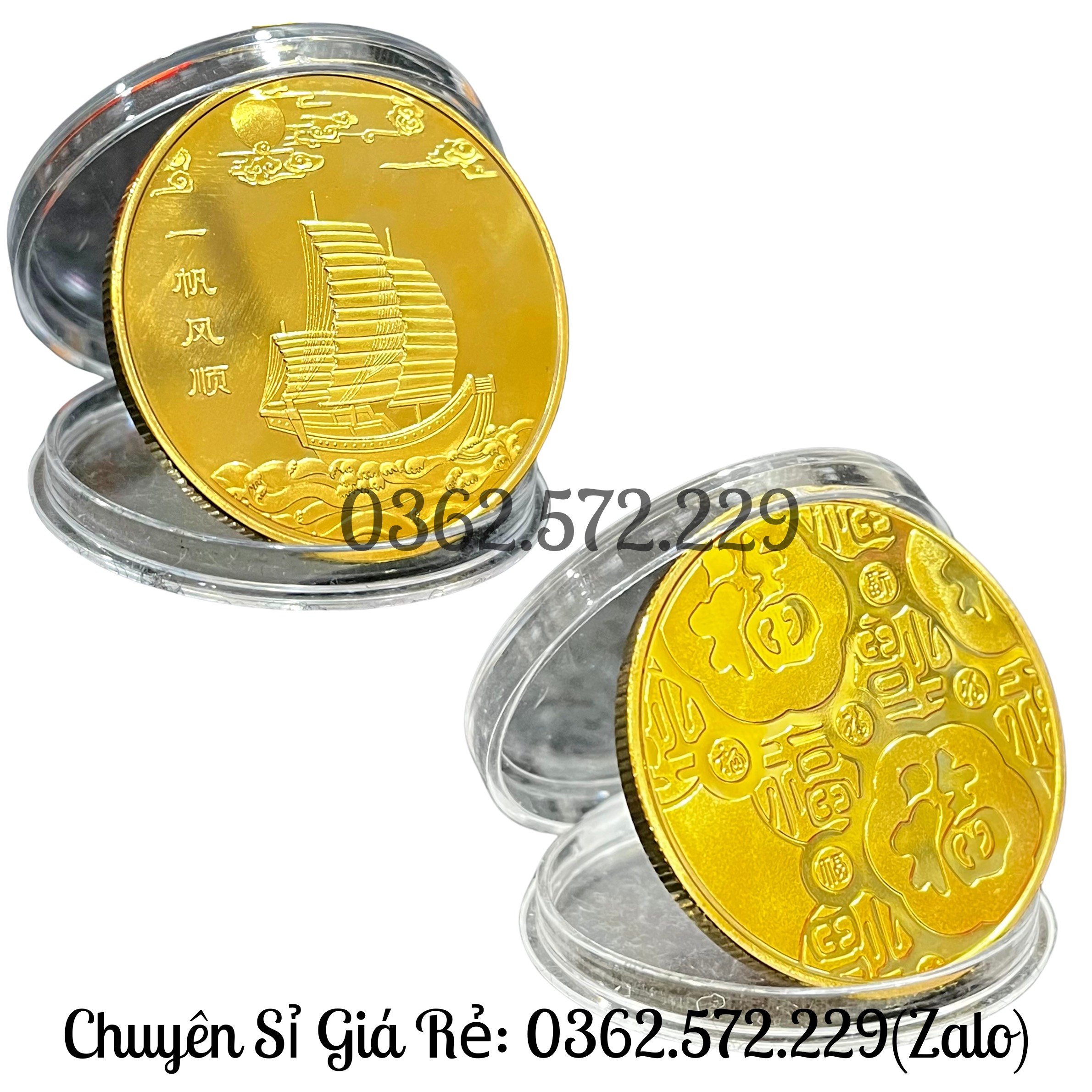 Xu May Mắn Thuận Buồm Xuôi Gió bằng niken mạ màu vàng phong thủy .Tặng Kèm Móc Khóa Và Túi Gấm Phúc Lộc