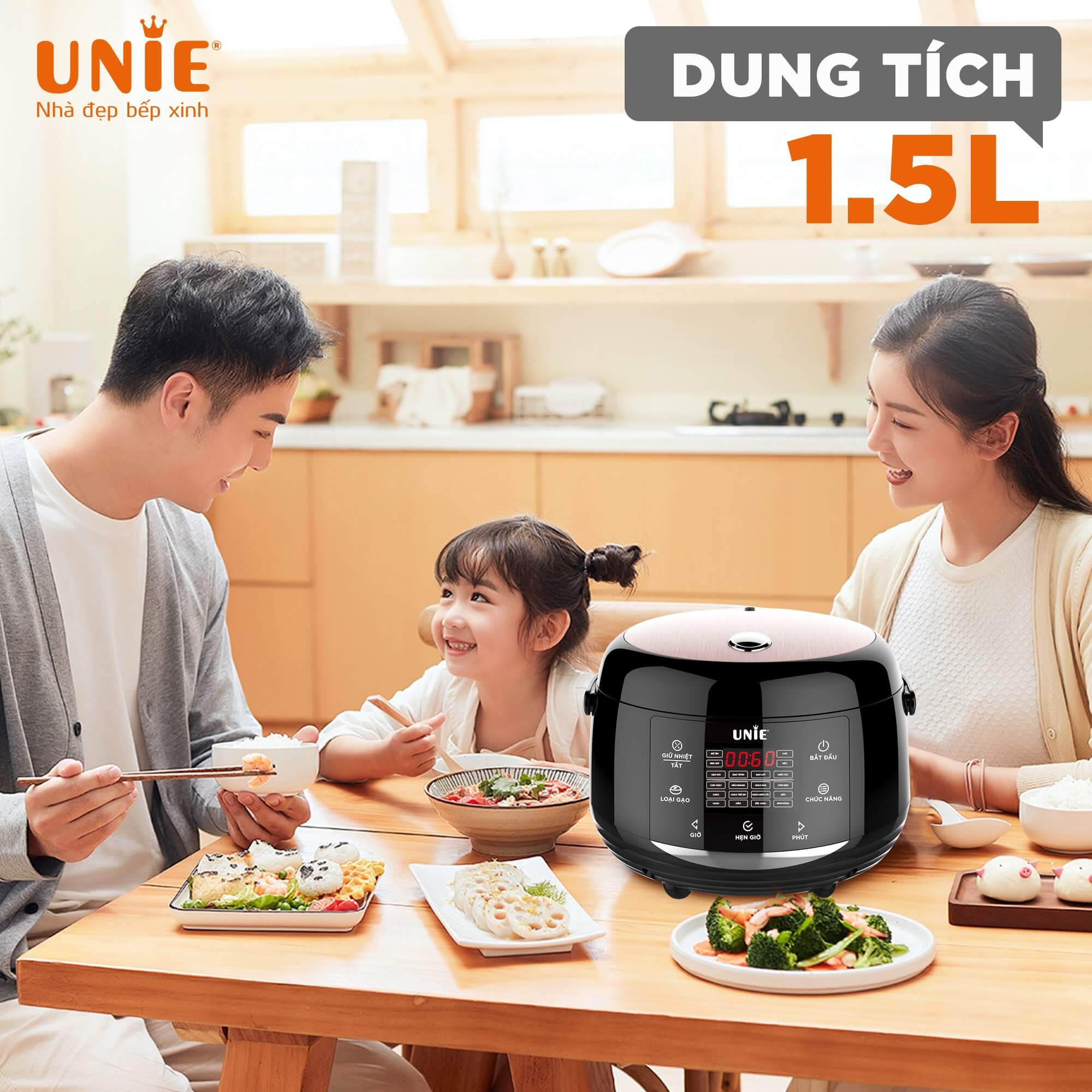 Nồi Cơm Điện Đa Năng UNIE UEC1572B Sang Trọng Tiêu Chuẩn Đức Gồm 16 Chương Trình Nấu Dung Tích 1.5 Lít Dùng Cho Gia Đình 3-4 Người Công Suất 600 W - Hàng Chính Hãng