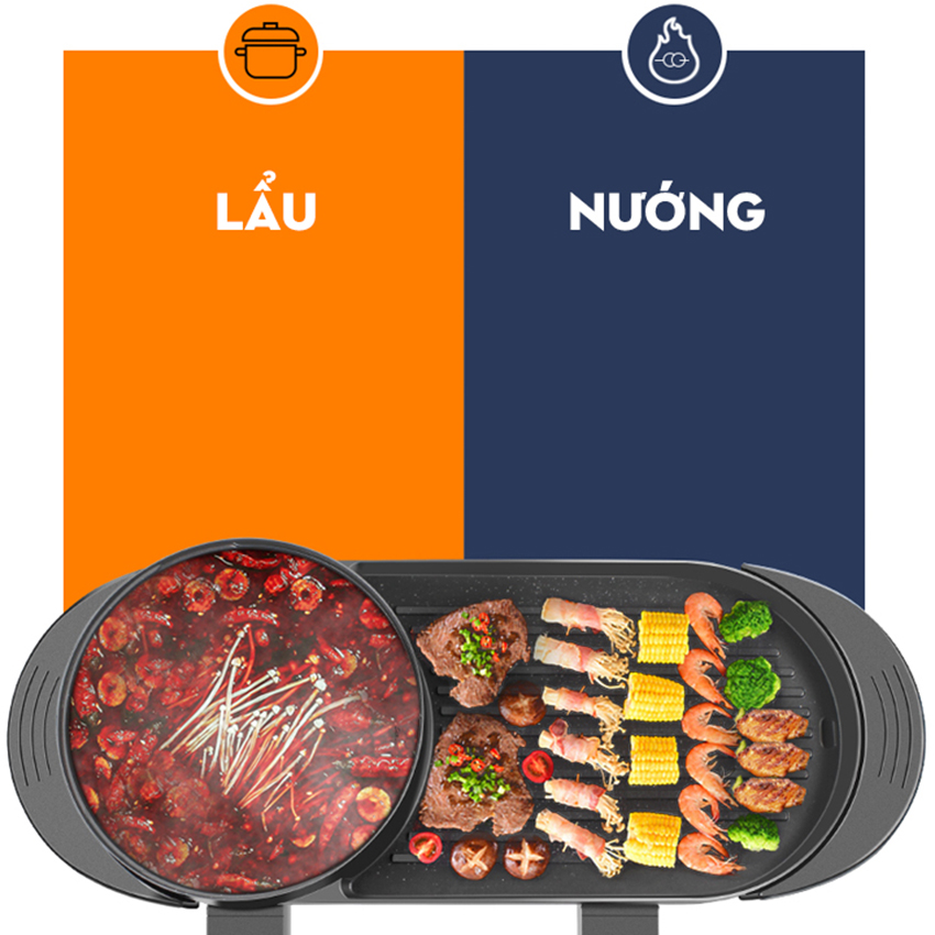 Bếp lẩu nướng kép 2 trong 1 đa năng mặt nướng chống dính không khói cao cấp