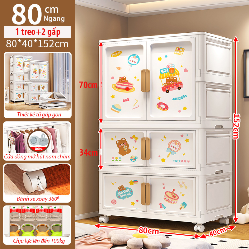 Tủ Nhựa Gấp Gọn Hoạt Hình Có Ngăn Treo Quần Áo Nubie, Hộp Gấp Đựng Đồ Thông Minh, Tháo Lắp Dễ Dàng, Có Thể Tách Tầng