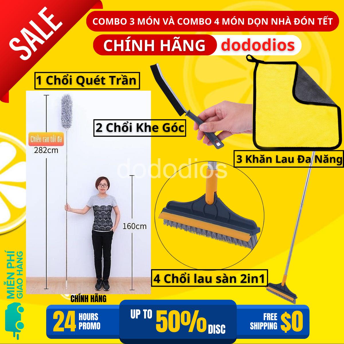 Combo Dọn Nhà 3 Món : Chổi Chà Cọ Nhà Vệ Sinh + Chổi Quét Trần Nhà + Bàn Chải Khe Hẹp - Hãng dododios