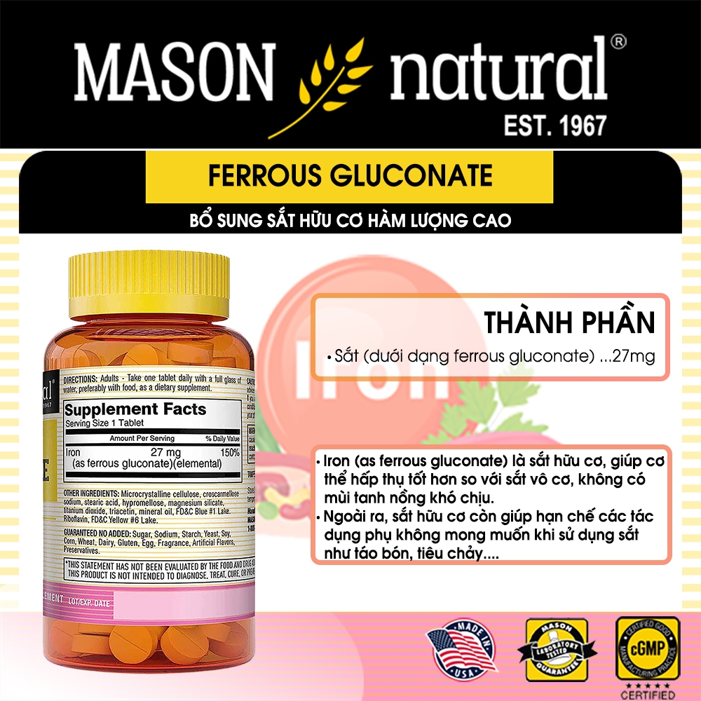 Viên Bổ Sung Sắt Mason Ferrous Gluconate - Giúp Giảm Nguy Cơ Thiếu Máu Do Thiếu Sắt (Hộp 100 Viên)
