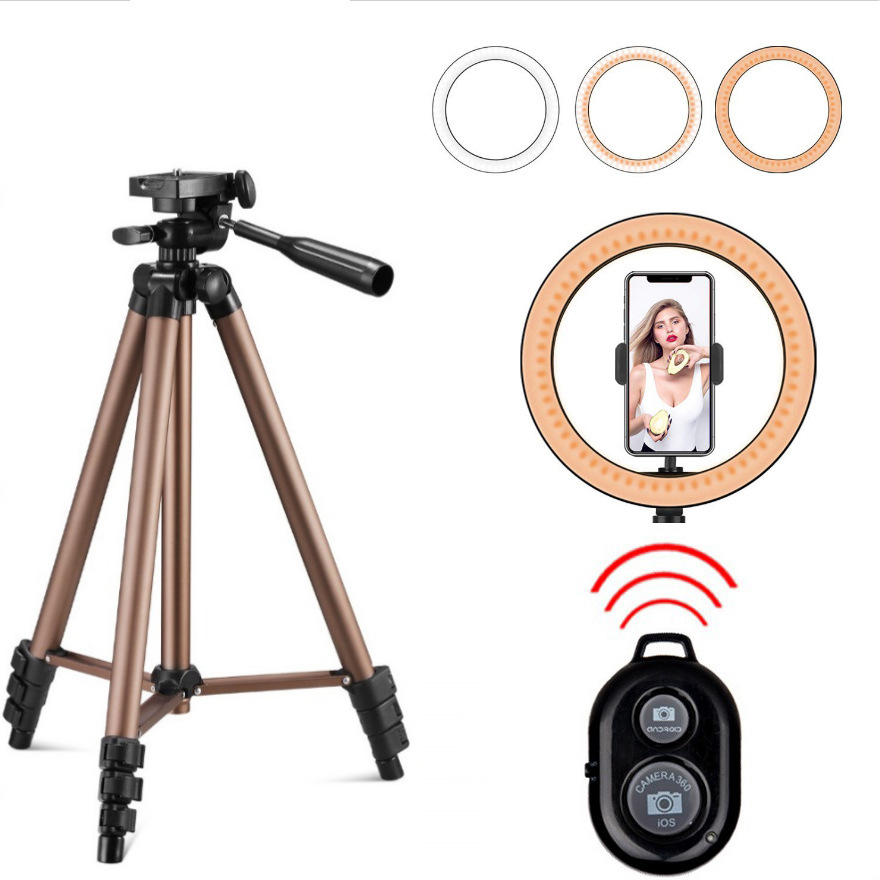 Chân tripod chiều cao thay đổi Đèn LED 26cm điều chỉnh độ sáng + kẹp điện thoại + Remote chụp ảnh, quay video livestream