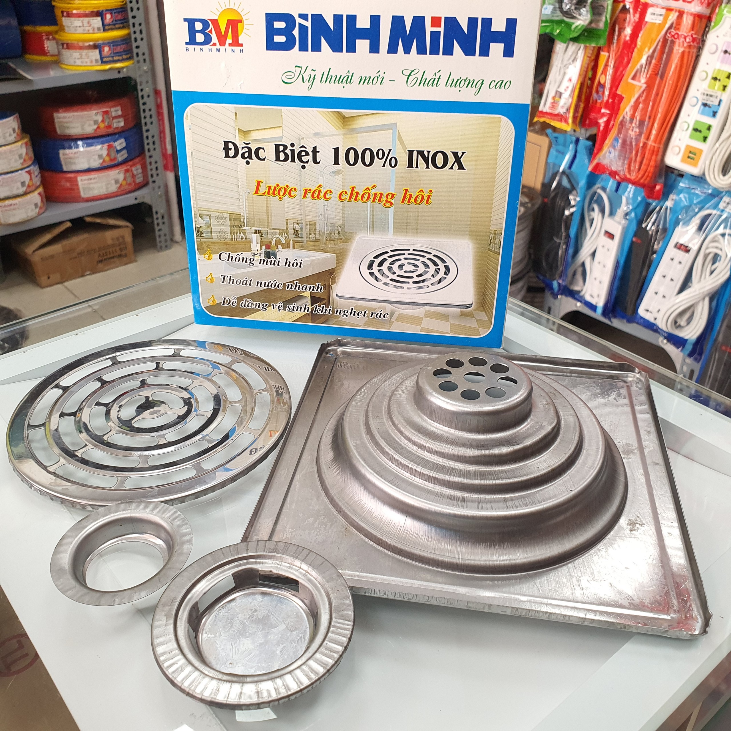 Hộp ga thoát nước, thoát sàn chống hôi cm phi 60, phi 90 Inox Bình Minh