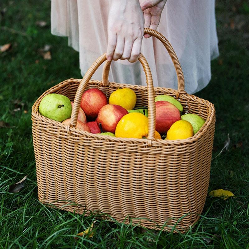 Hand Weaving Fruit Storage Basket Handle Design Picnic Basket Home Organizer