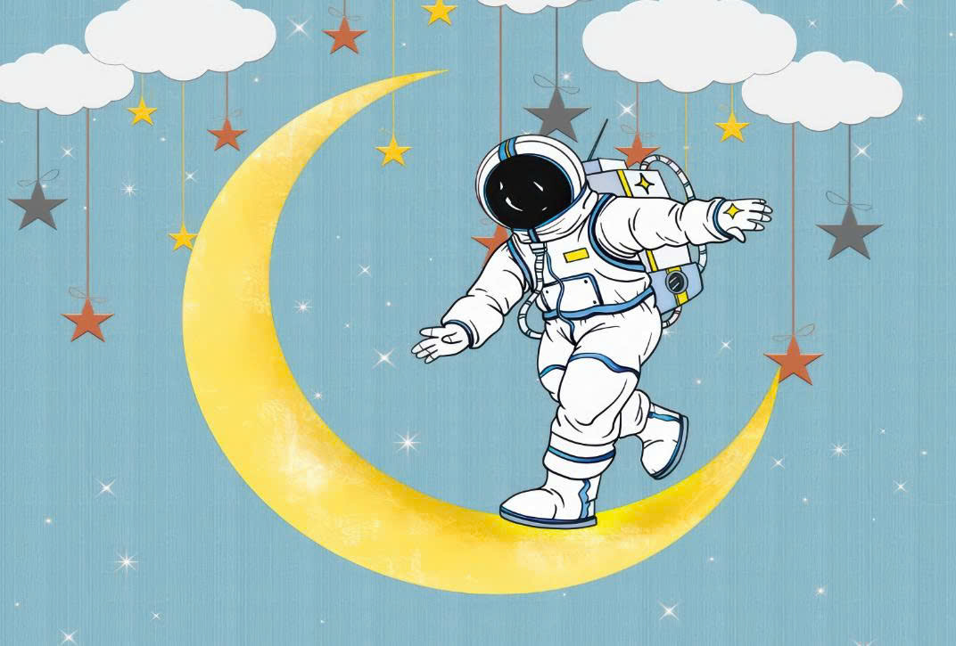 (HCM)Tranh dán tường 3d phi hành gia mặt trăng trang trí phòng bé có sẵn keo(có in theo yêu cầu)