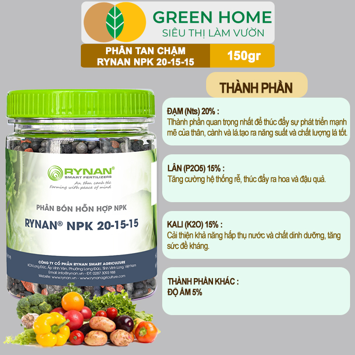 Phân Tan Chậm GreenHome, Rynan NPK 20-15-15, Hũ 150gr,Dùng Cho Loại Cây Họ Leo Bầu Bí, Mướp, Dưa Leo