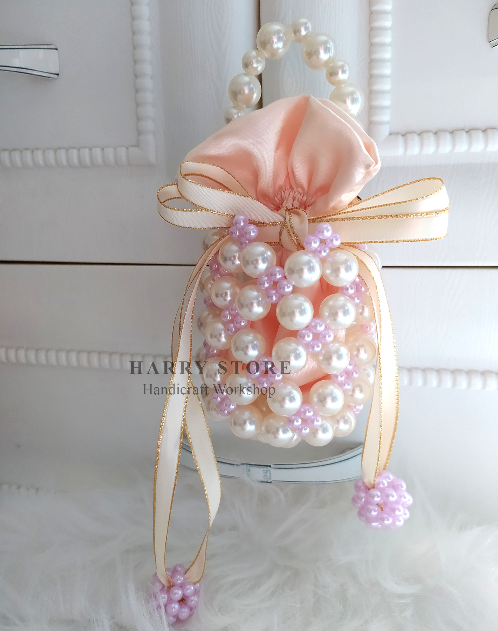 Túi handmade tự đan ngọc trai HRRB-T size M, Túi xách cho nữ đi chơi/ dự tiệc/ công sở