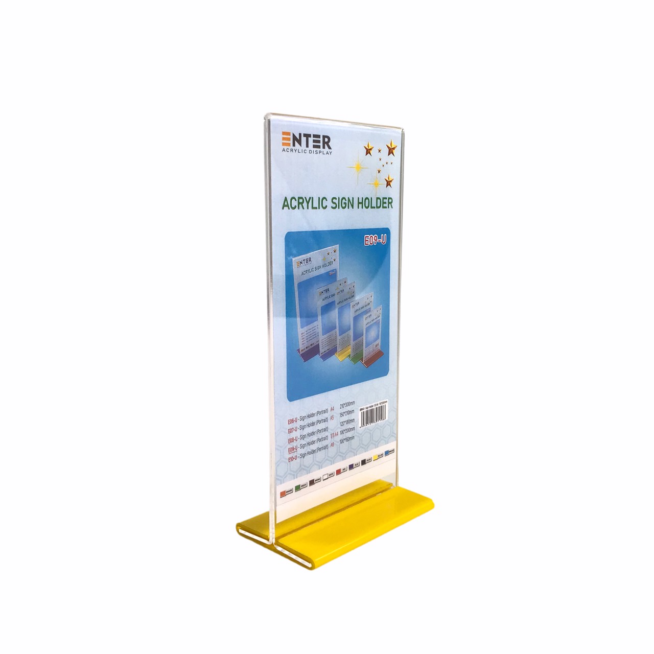 Kệ menu nhà hàng, Standee mica để bàn, Bảng quét mã QR Code, Kệ mica 2 mặt Enter E09-U 100x210mm đế lùa uốn bằng