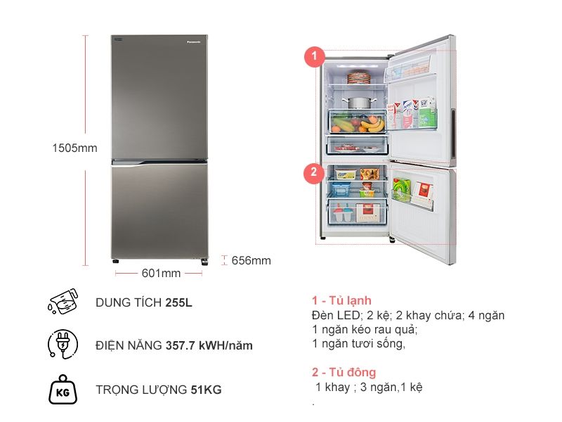 Tủ lạnh Panasonic Inverter 255 lít NR-BV280QSVN - Hàng Chính Hãng