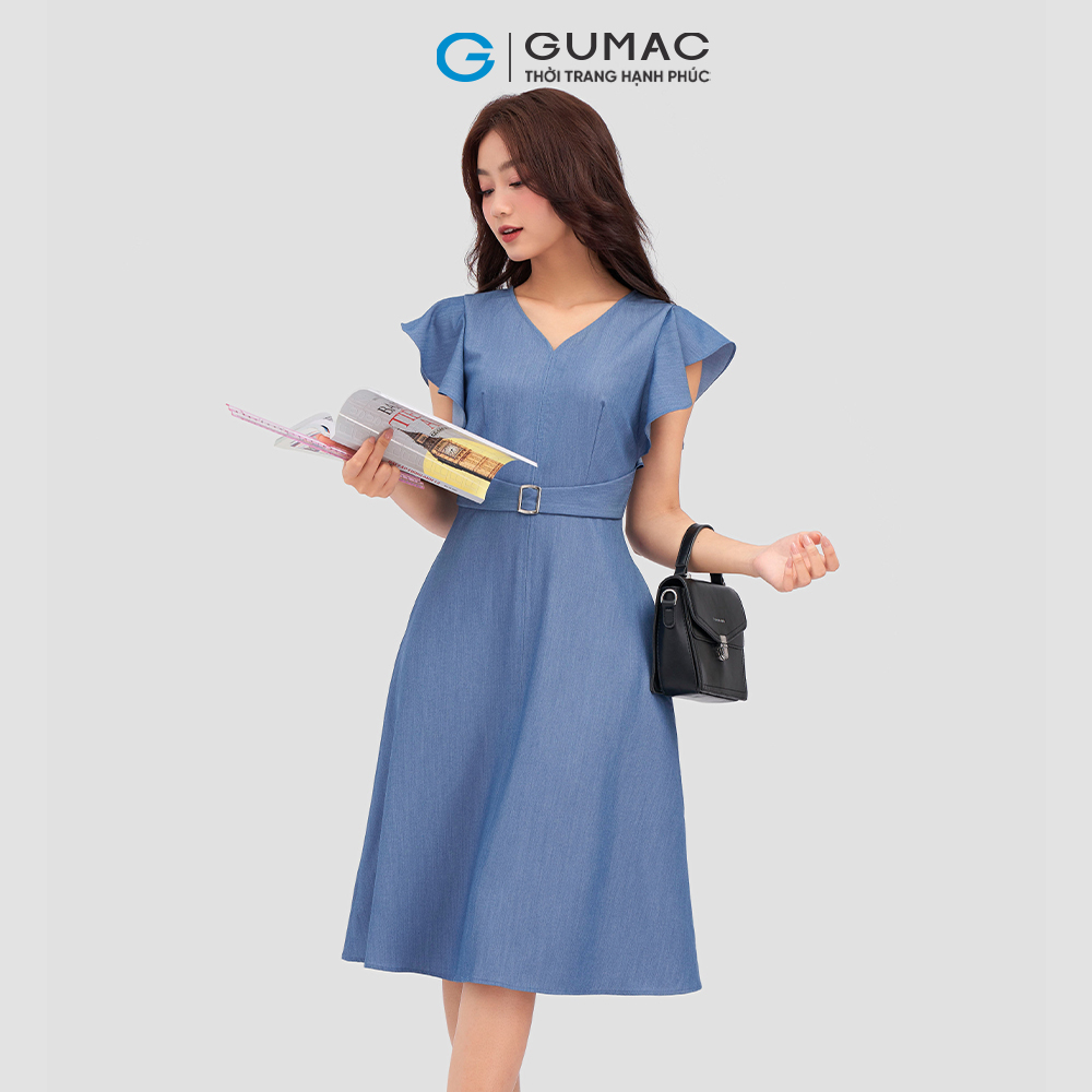 Đầm xòe GUMAC DC12002 tay bèo thắt đai eo thanh lịch