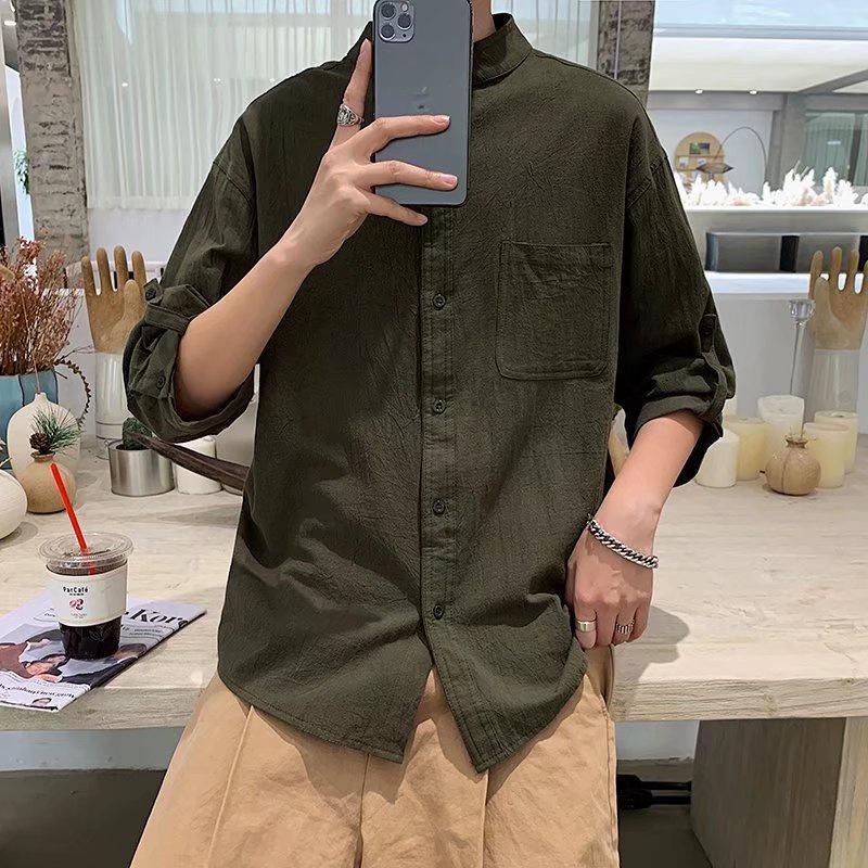 Áo Sơ Mi Cotton Lanh Tay Lỡ 3/4 Cổ Đứng 7 Màu Phong Cách Hàn Quốc Thời Trang Cho Nam M-3XL