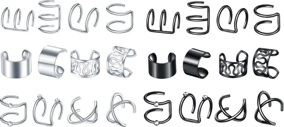 12 Pairs Ear Cuff Helix Ear Clip On Wrap Earrings Unisex Silver Black