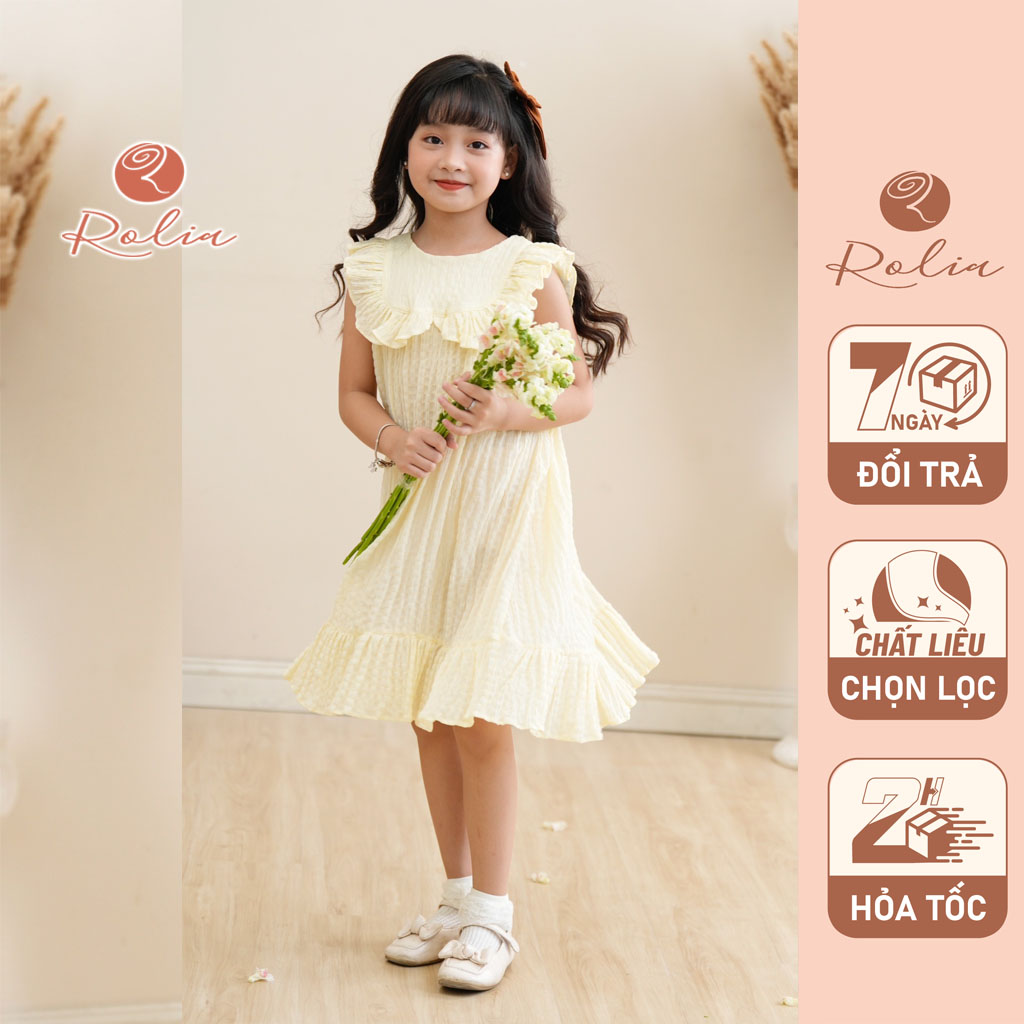 Váy bé gái cộc tay ROLIA chất đũi xốp dáng đuôi cá phối bèo ngực mặc lên chỉ có mát V140