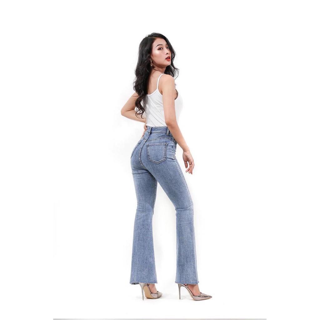 Quần Jeans Nữ ỐNg Loe Dài 2 Nút Không Gấu Co Giãn