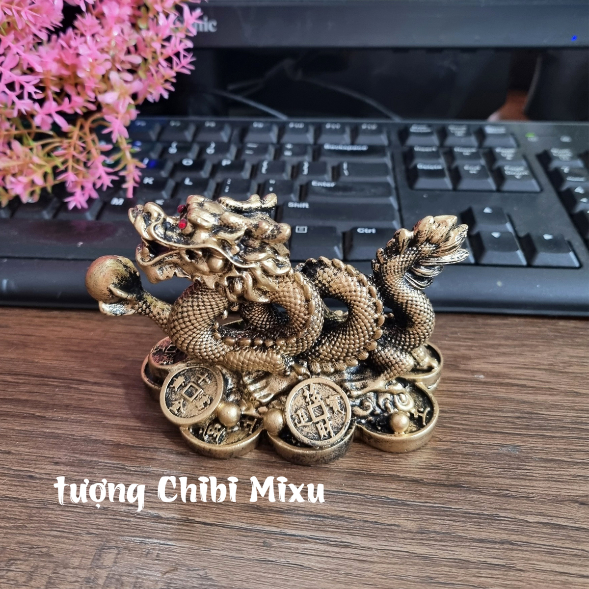 Tượng Rồng cuộn cầm ngọc sơn giả đồng, Rồng nhả ngọc phong thủy 11cm, Tượng đá trang trí Rồng phong thủy Giàu có Quà tặng Đồ trang trí