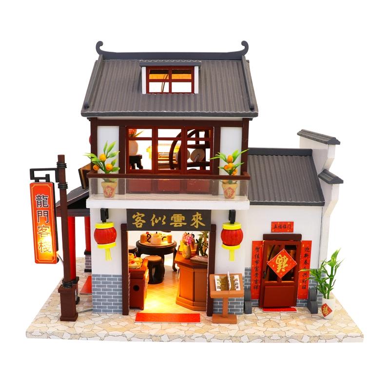 Mô hình lắp gáp gỗ đồ chơi trí tuệ mô hình nhà trọ Cổng Rồng mini thu nhỏ M901 có đèn quà tặng cho bé trẻ em