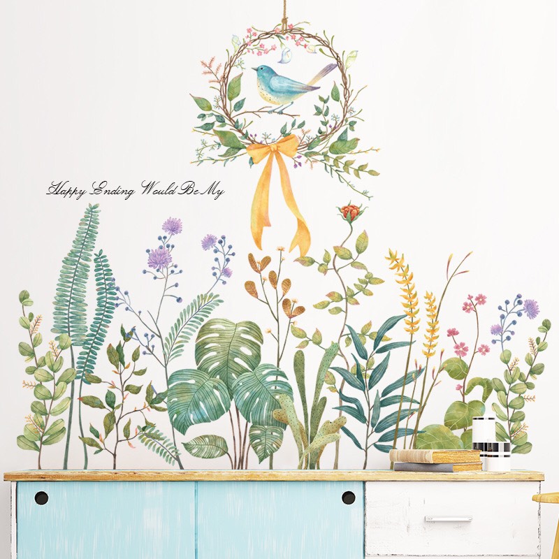 Decal trang trí tường - Vòng hoa có chú chim và những chiếc lá cây xinh xắn