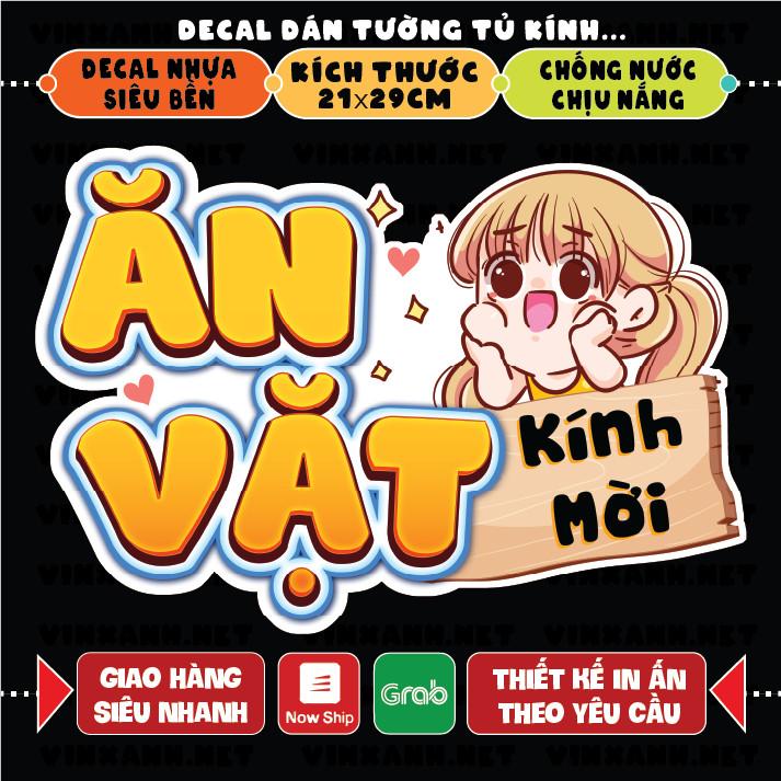 Decal Ăn Vặt trang trí quán nước tường, tủ kính bền đẹp chống nước cắt sẵn khổ A4