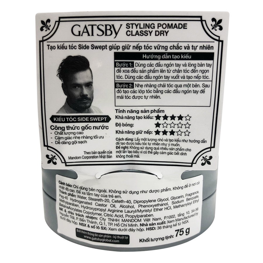 Sáp Classy Dry Pomade Tạo Kiểu Side Swept Giữ Nếp Cứng Tóc + Tặng Reuzel Grooming Tonic - Chính hãng - GATSBY STYLING POMADE 75G