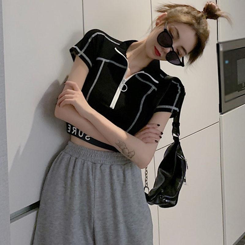 Áo Thun Dệt Kim Tay Ngắn Phối Khóa Kéo Cá Tính Dành Cho Nữ