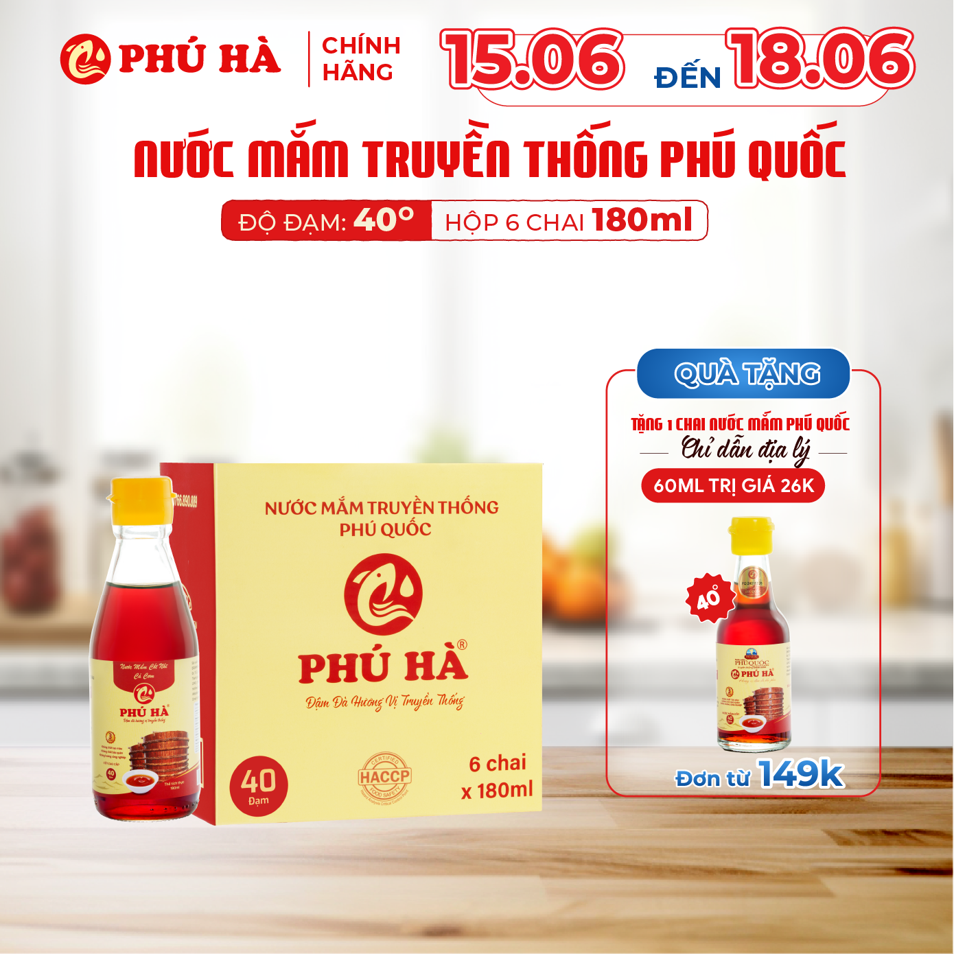 Nước mắm truyền thống Phú Quốc Phú Hà 40 độ đạm - Hộp 6 chai 180ml