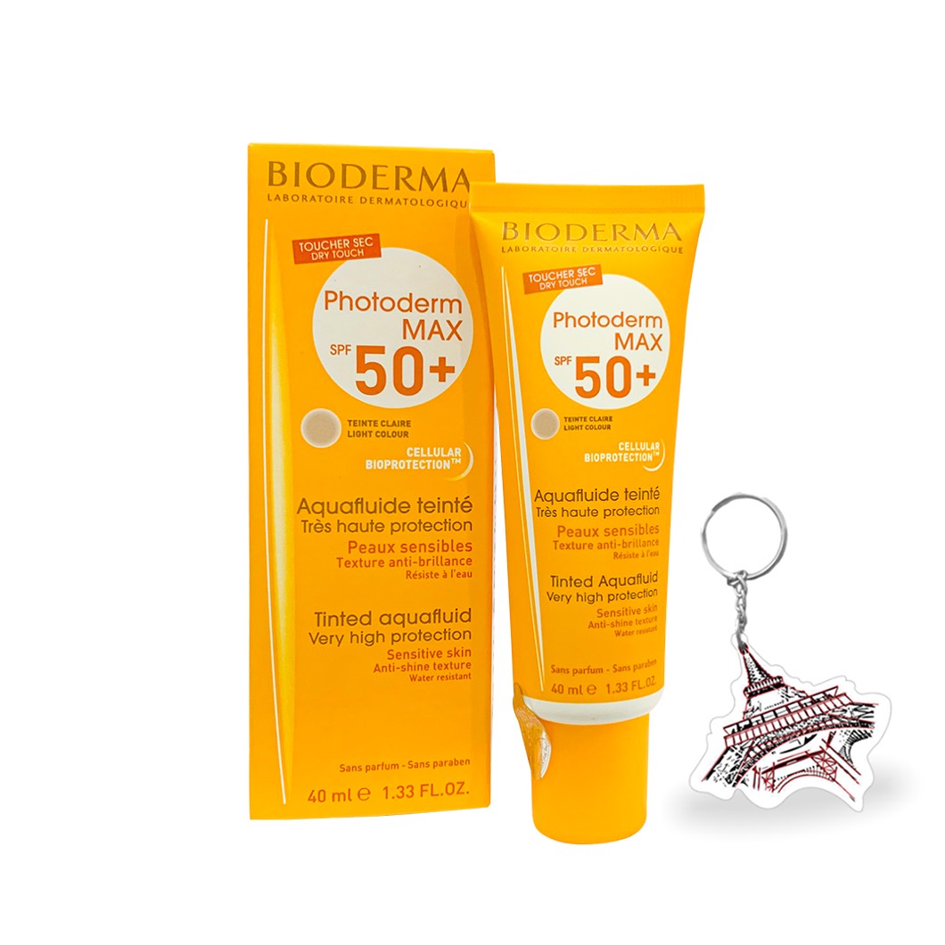 Kem Chống Nắng Bioderma Photoderm MAX Aquafluide Teinte Claire SPF50+ 40ml Giảm Bóng Nhờn, Che Khuyết Điểm Dành Cho Mọi Loại Da Đặc Biệt Là Da Dầu, Nhạy Cảm (Tông Màu Tự Nhiên) 40ml + Tặng Kèm 1 Móc Khóa Hình Tour Eiffel Viền Đỏ