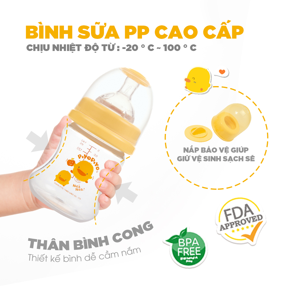 Bình sữa cổ rộng Piyo Piyo 140ml thân bình cong dễ cầm, nhựa PP không BPA