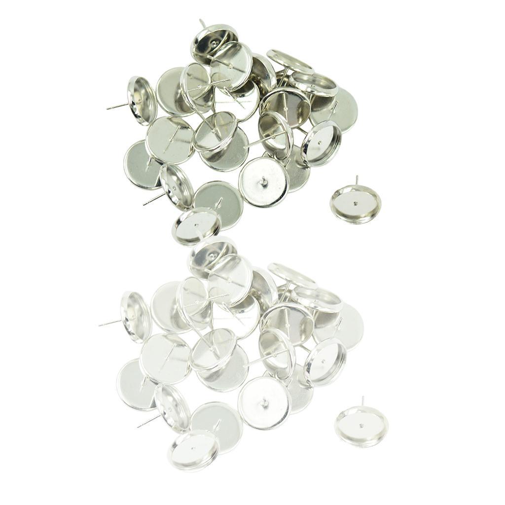 Earring Base Cabochon Setting Earring Base Ear Pin Stud Metal Blanks Round Bezel for Jewelry Findings Fit 12mm Cabochons Silver & White Pack of 48 Pcs