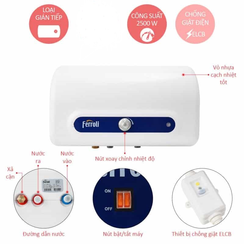 Máy nước nóng gián tiếp Ferroli QQ AE 20 lít (2500W)-hàng chính hãng