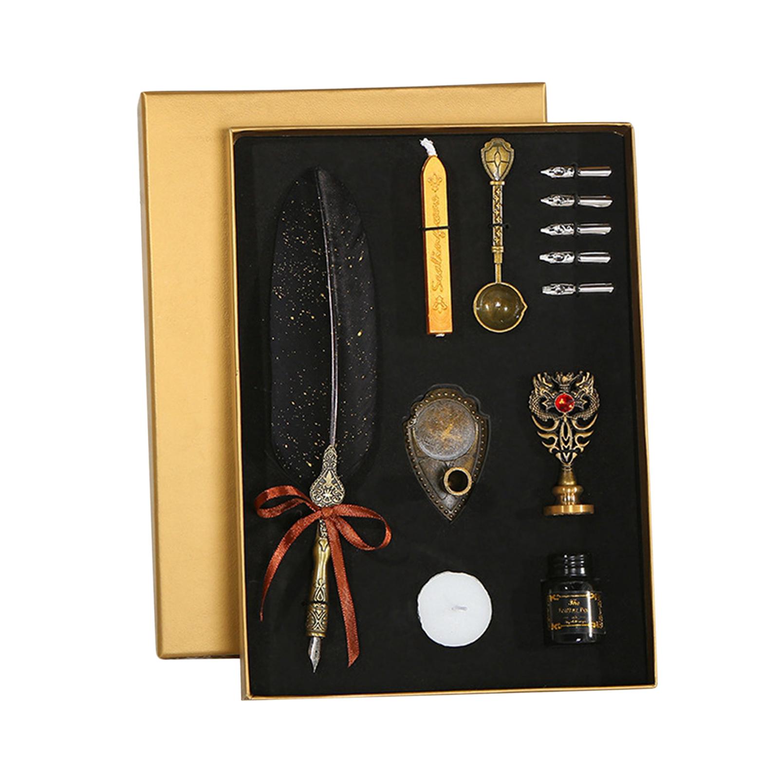 Calligraphy Feather Pen Set Feather Dip Pen Bottle of Ink Anitque White