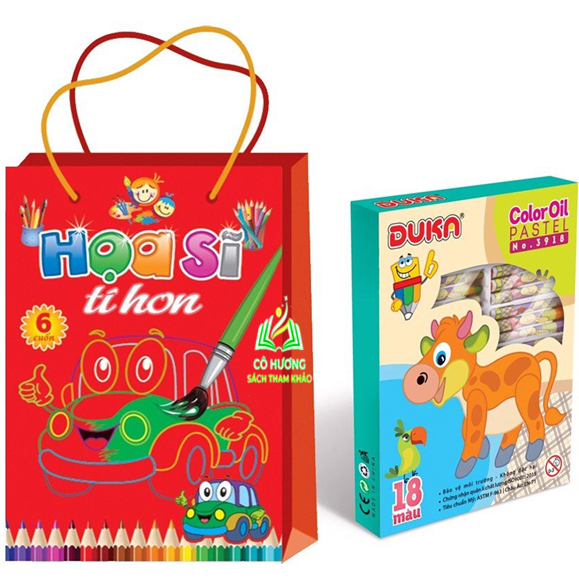 Sách- Combo 6 Cuốn Tập Tô Túi Họa Sĩ Tí Hon + Bút Sáp Dầu Hộp Giấy 18 Màu