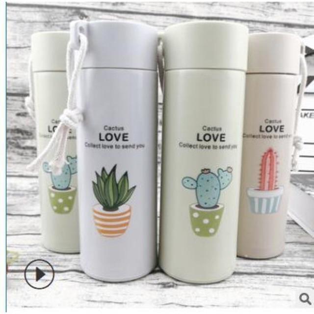 Bình nước in hình xương rồng nhiều màu 400ml cute