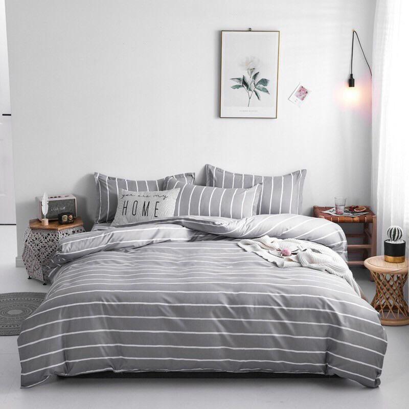 Bộ chăn ga gối cotton fly Hàn quốc họa tiết kẻ xám