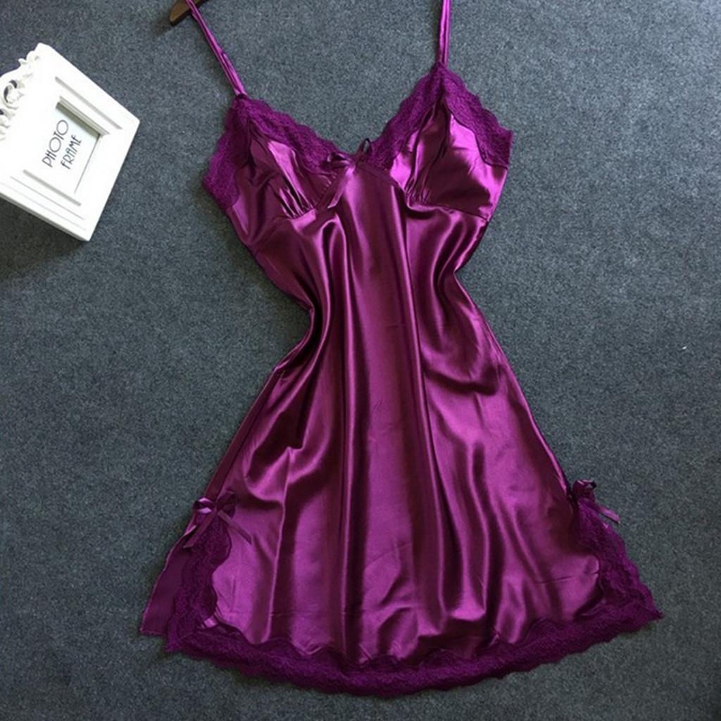 Womens Sexy Lingerie Sleepwear Satin Bowknot Lace Babydoll Cami Dress
