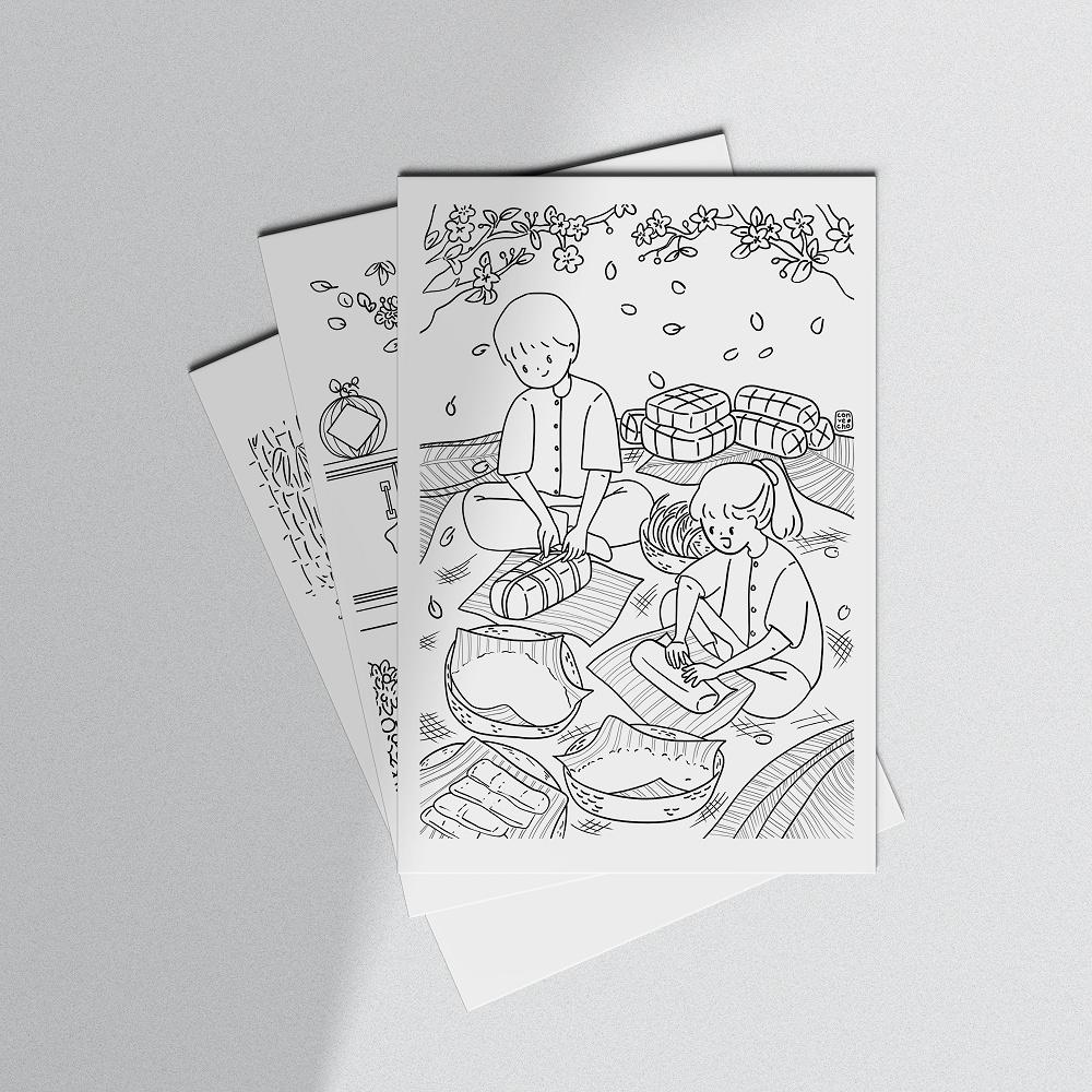 Postcard thiệp tô màu "Đón tết" của @convecho, giấy vẽ coldpress 300gsm