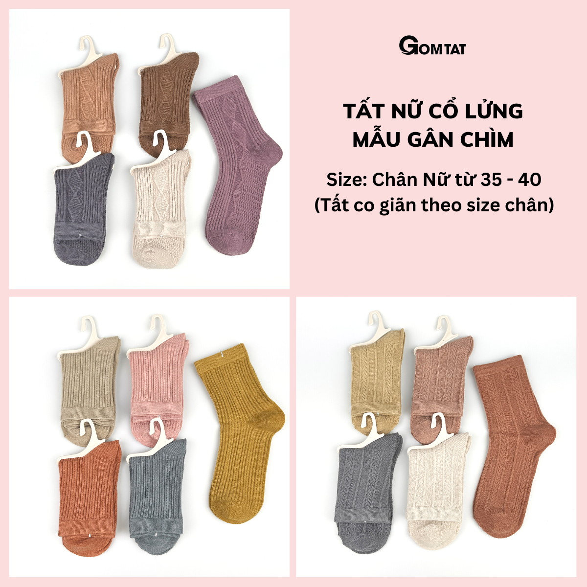 Set 5 đôi tất nữ cổ lửng họa tiết gân chìm, vớ nữ cổ trung chất liệu cotton cao cấp, êm mềm thoáng khí - LISU27-LUNGNU